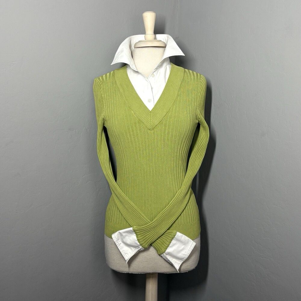 Vtg INC International Concepts Ribbed V Neck Sweater Women L Green Preppy Career
